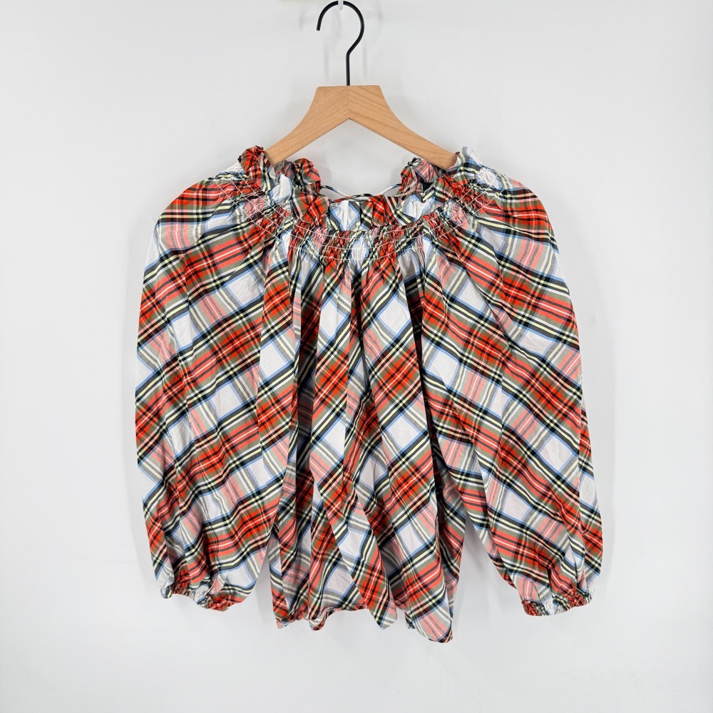 J. Crew Smocked Plaid Festive Tartan Top Small Puff Sleeve Holiday Christmas